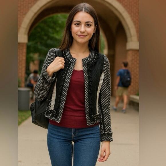 Derek Lam 10 Crosby Tassel-Trim Tweed Linen-Blend Jacket White/Black Size 4 - Picture 15 of 15